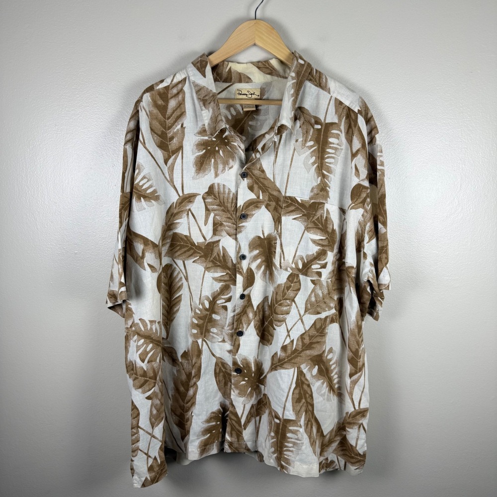Panama Jack Men's 3XL Button Up Shirt White Brown Tropical Leaf Ramie Cotton